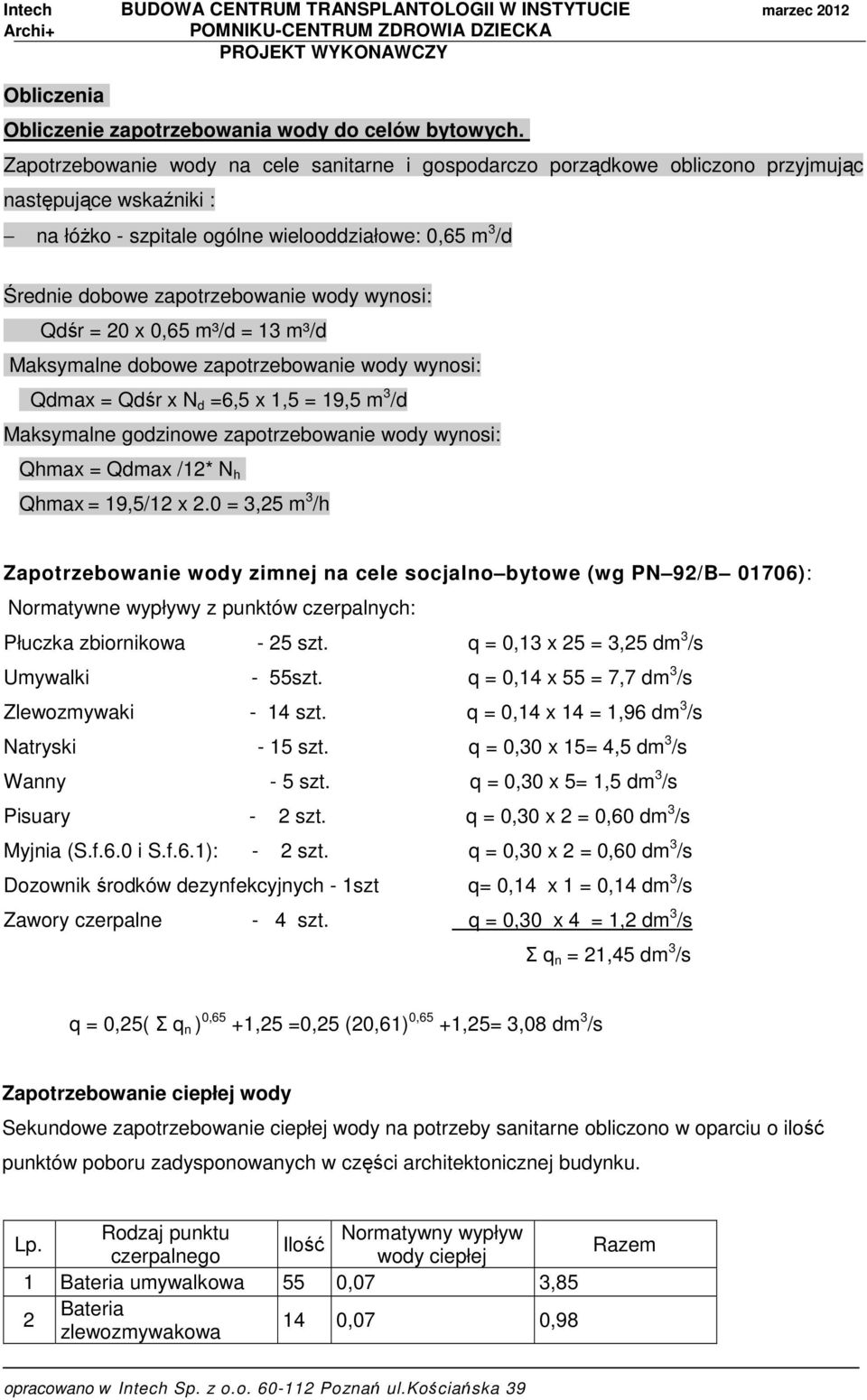 wody wynosi: Qdśr = 20 x 0,65 m³/d = 13 m³/d Maksymalne dobowe zapotrzebowanie wody wynosi: Qdmax = Qdśr x N d =6,5 x 1,5 = 19,5 m 3 /d Maksymalne godzinowe zapotrzebowanie wody wynosi: Qhmax = Qdmax