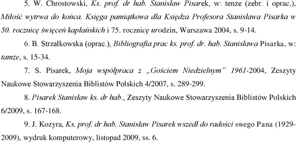 7. S. Pisarek, Moja współpraca z Gościem Niedzielnym 1961-2004, Zeszyty Naukowe Stowarzyszenia Biblistów Polskich 4/2007, s. 289-299. 8. Pisarek Stanisław ks. dr hab.