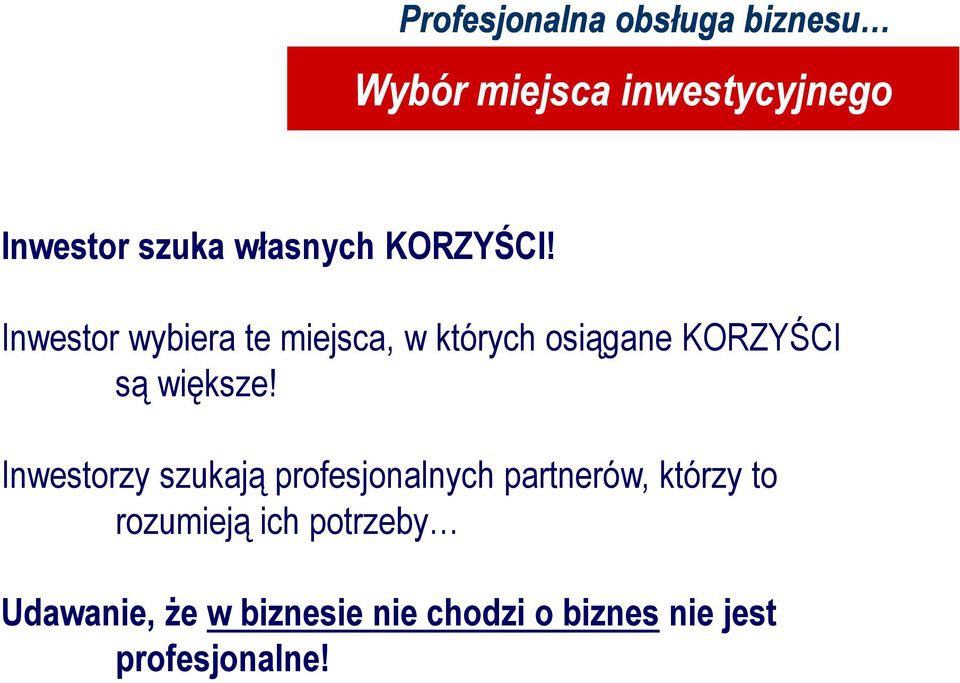 Inwestorzy szukają profesjonalnych partnerów, którzy to rozumieją ich