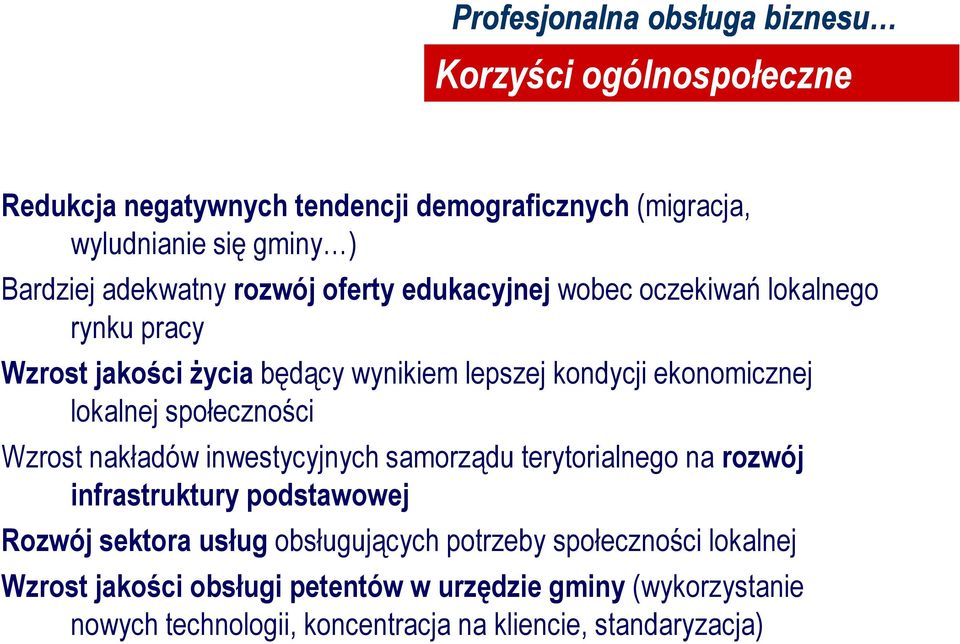 Wzrost nakładów inwestycyjnych samorządu terytorialnego na rozwój infrastruktury podstawowej Rozwój sektora usług obsługujących potrzeby