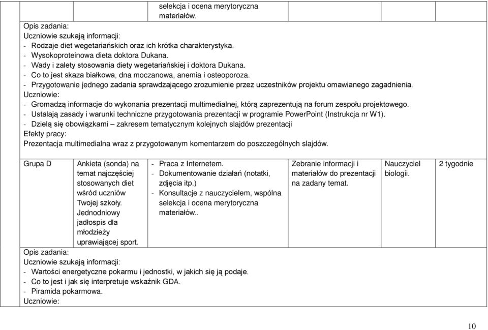 - Przygotowanie jednego zadania sprawdzającego zrozumienie przez uczestników projektu omawianego zagadnienia.