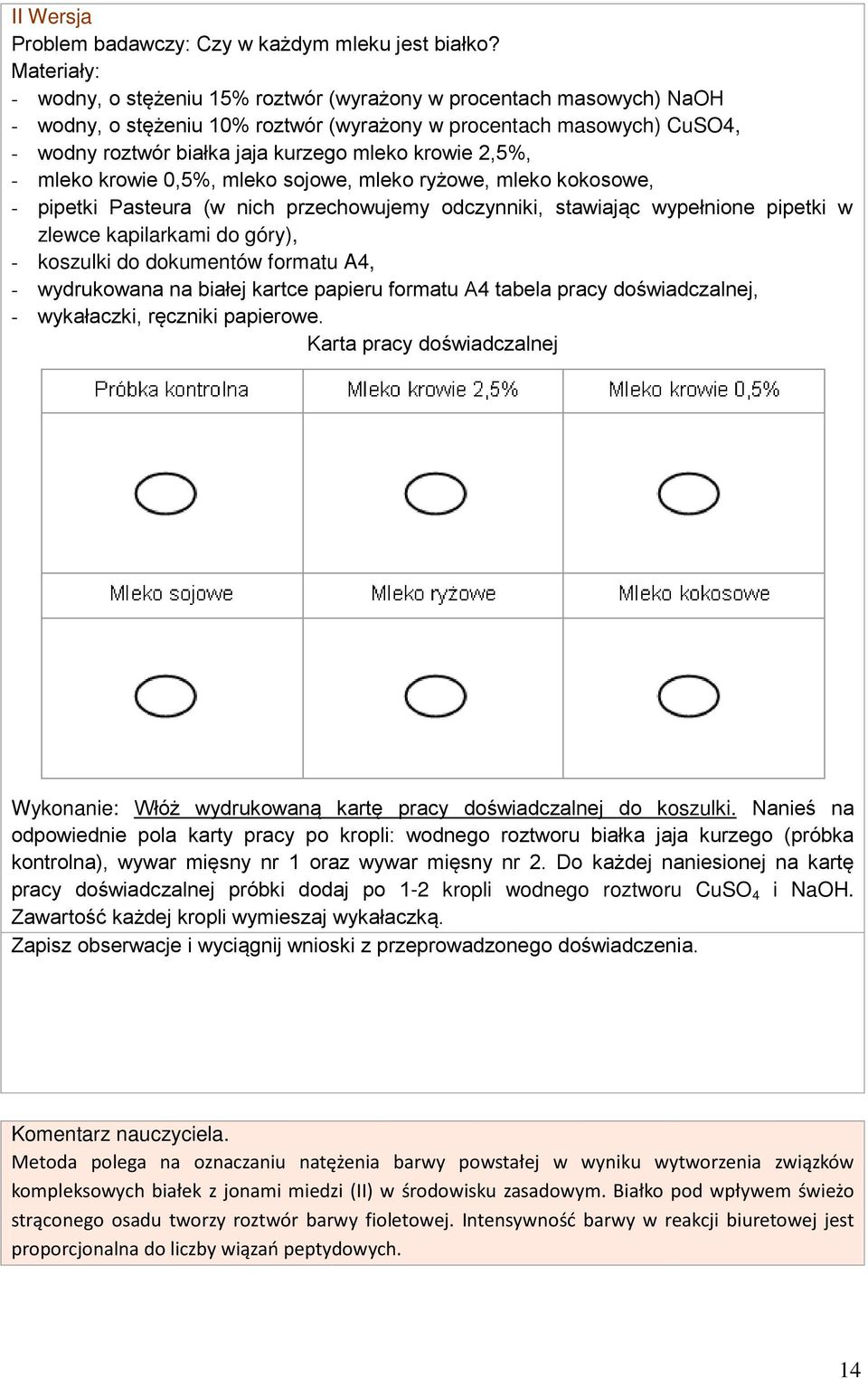 2,5%, - mleko krowie 0,5%, mleko sojowe, mleko ryżowe, mleko kokosowe, - pipetki Pasteura (w nich przechowujemy odczynniki, stawiając wypełnione pipetki w zlewce kapilarkami do góry), - koszulki do