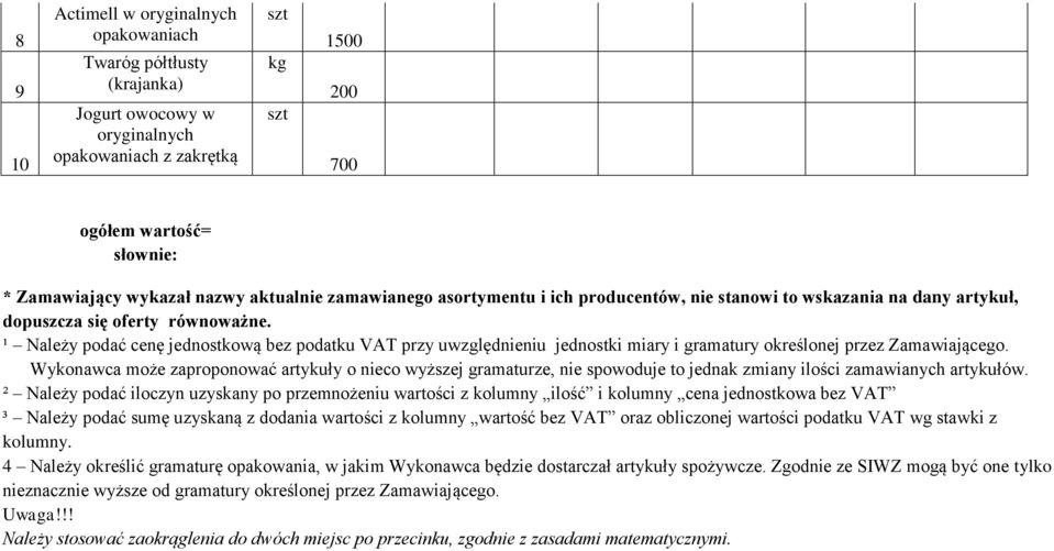 ¹ Należy podać cenę jednostkową bez podatku VAT przy uwzględnieniu jednostki miary i gramatury określonej przez Zamawiającego.