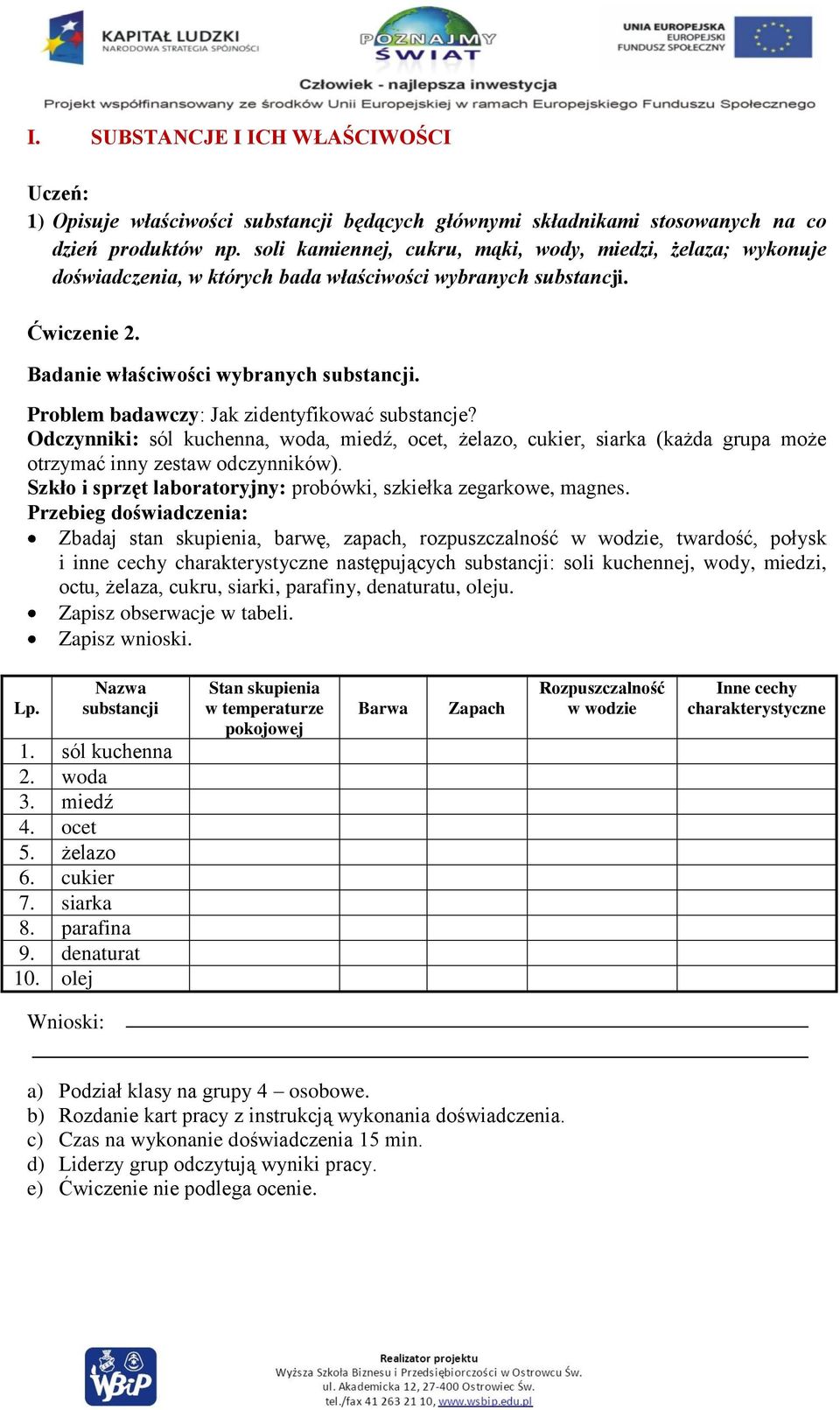 Problem badawczy: Jak zidentyfikować substancje? Odczynniki: sól kuchenna, woda, miedź, ocet, żelazo, cukier, siarka (każda grupa może otrzymać inny zestaw odczynników).