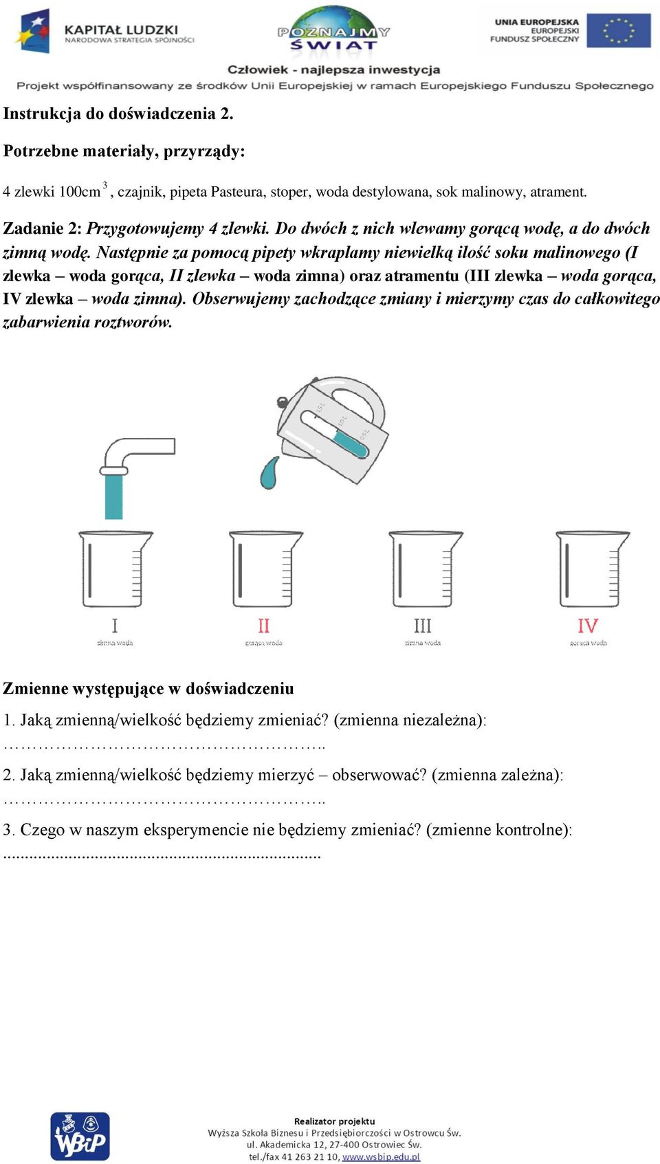 Następnie za pomocą pipety wkraplamy niewielką ilość soku malinowego (I zlewka woda gorąca, II zlewka woda zimna) oraz atramentu (III zlewka woda gorąca, IV zlewka woda zimna).