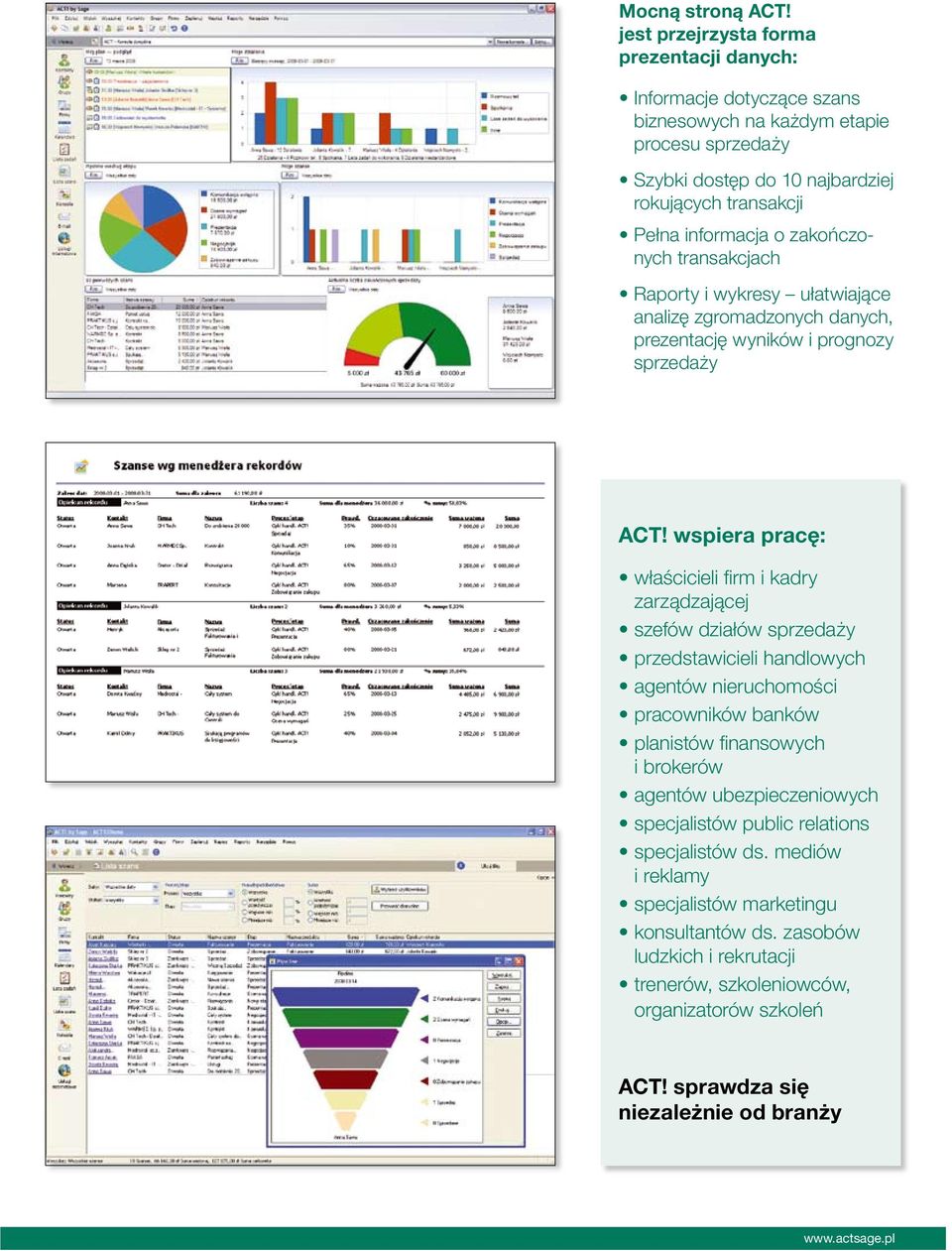 zakoƒczonych transakcjach Raporty i wykresy ułatwiajàce analiz zgromadzonych danych, prezentacj wyników i prognozy sprzeda y ACT!