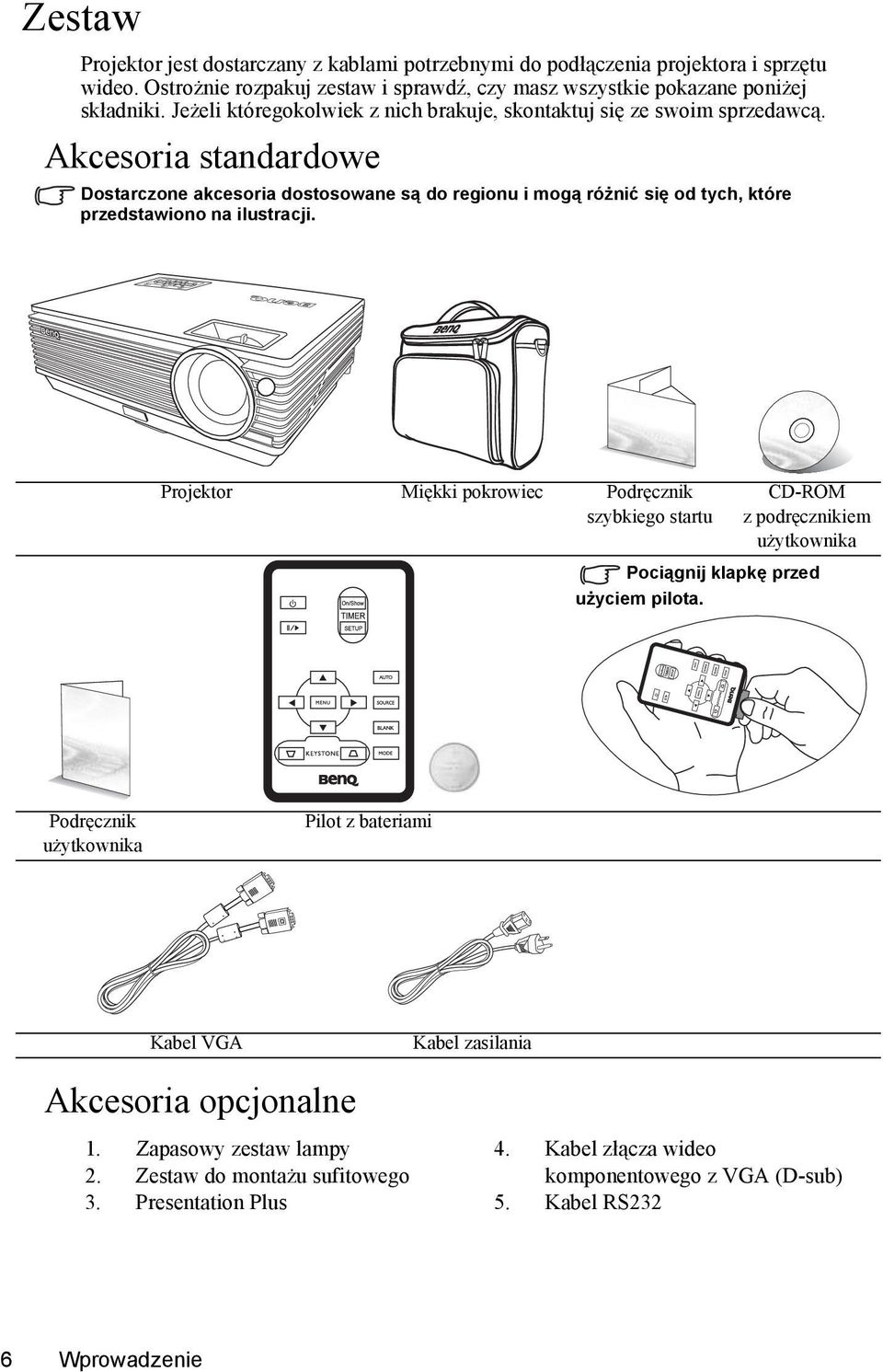 Akcesoria standardowe Dostarczone akcesoria dostosowane są do regionu i mogą różnić się od tych, które przedstawiono na ilustracji.