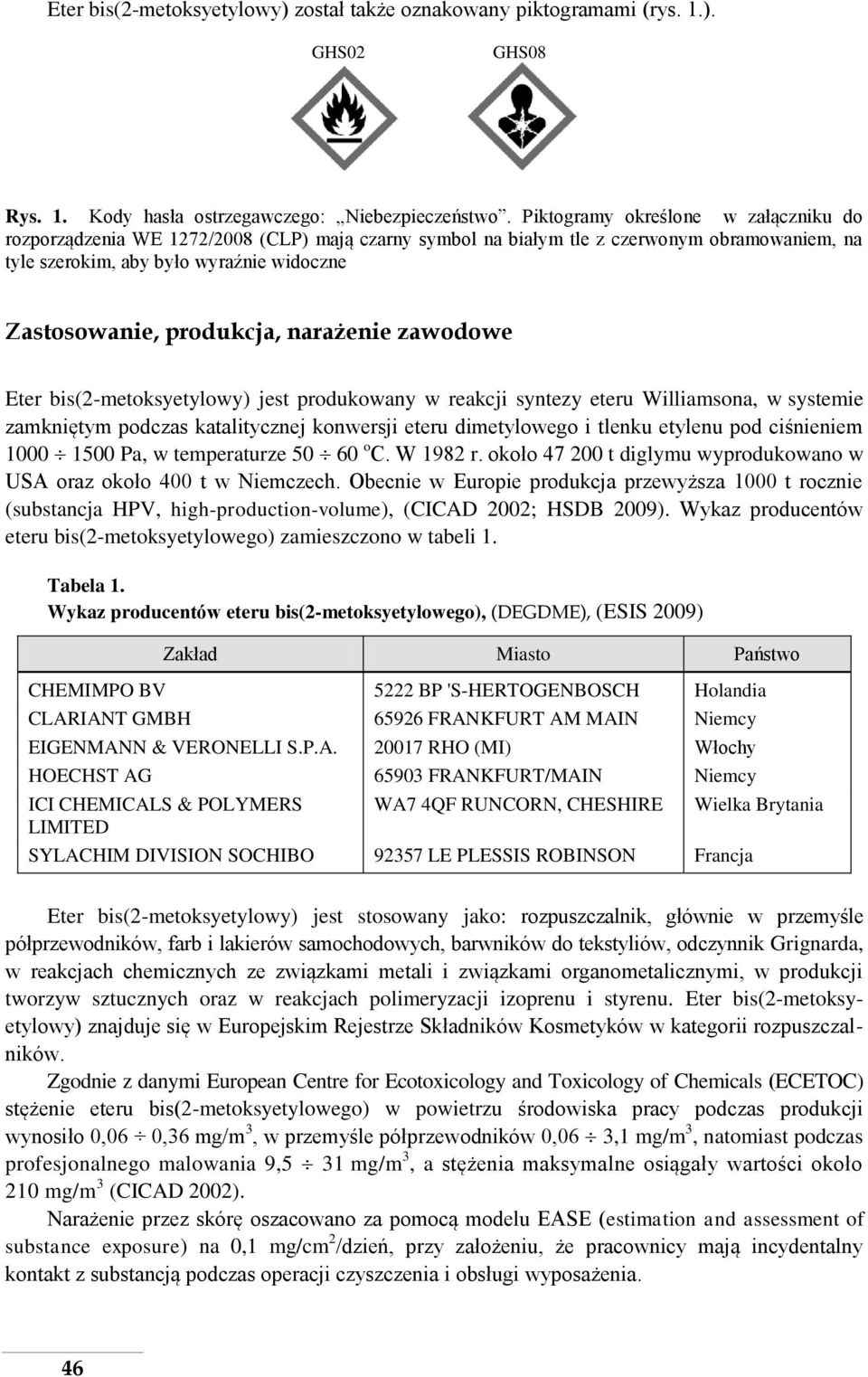 narażenie zawodowe Eter bis(2-metoksyetylowy) jest produkowany w reakcji syntezy eteru Williamsona, w systemie zamkniętym podczas katalitycznej konwersji eteru dimetylowego i tlenku etylenu pod