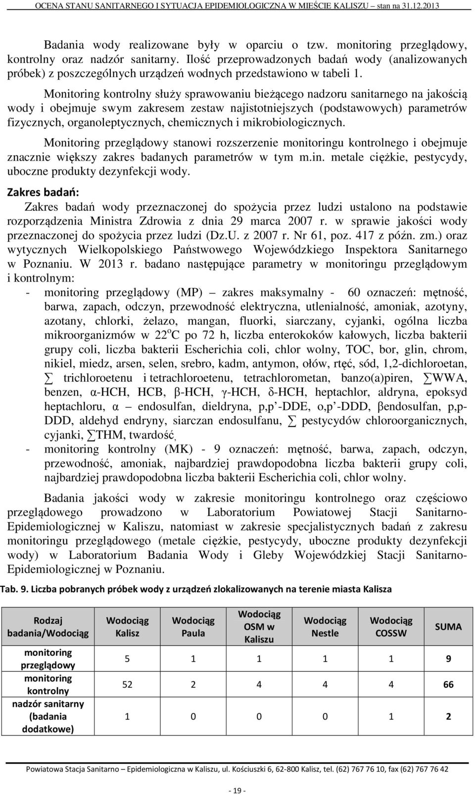 Monitoring kontrolny służy sprawowaniu bieżącego nadzoru sanitarnego na jakością wody i obejmuje swym zakresem zestaw najistotniejszych (podstawowych) parametrów fizycznych, organoleptycznych,