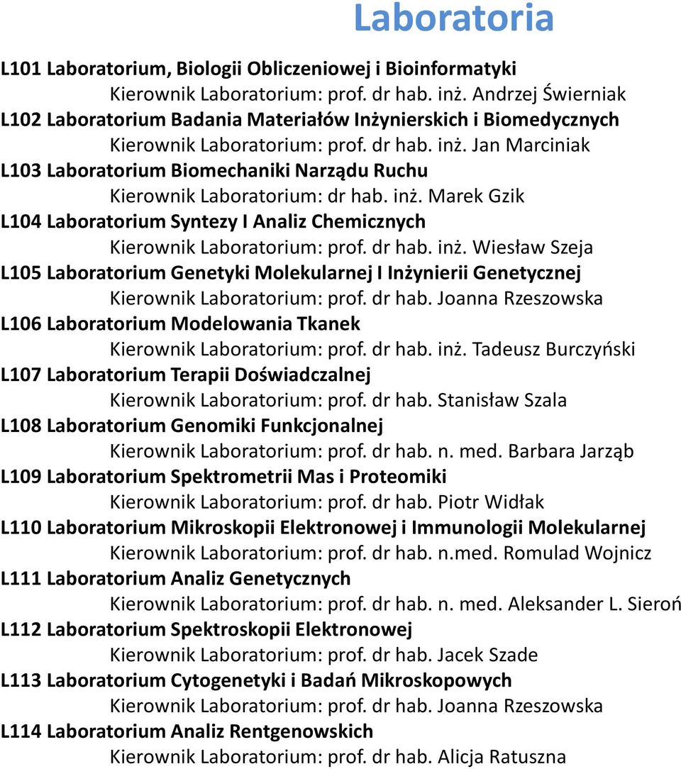 Jan Marciniak L103 Laboratorium Biomechaniki Narządu Ruchu Kierownik Laboratorium: dr hab. inż.