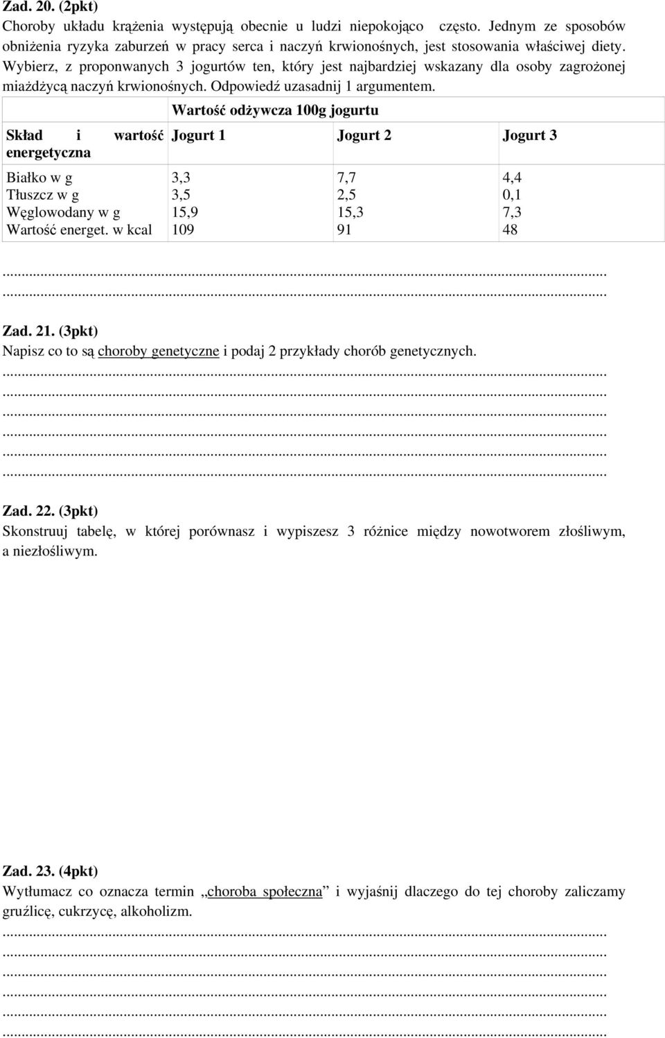 Skład i wartość energetyczna Białko w g Tłuszcz w g Węglowodany w g Wartość energet. w kcal Wartość odżywcza 100g jogurtu Jogurt 1 Jogurt 2 Jogurt 3 3,3 3,5 15,9 109 7,7 2,5 15,3 91 Zad. 21.