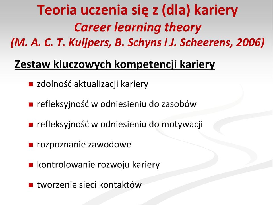 Scheerens, 2006) Zestaw kluczowych kompetencji kariery zdolność aktualizacji kariery