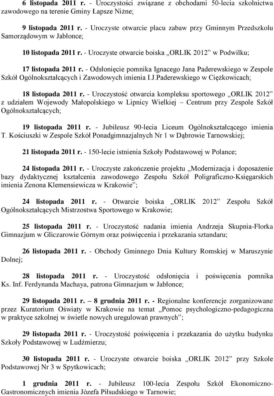 - Odsłonięcie pomnika Ignacego Jana Paderewskiego w Zespole Szkół Ogólnokształcących i Zawodowych imienia I.J.Paderewskiego w Ciężkowicach; 18 listopada 2011 r.