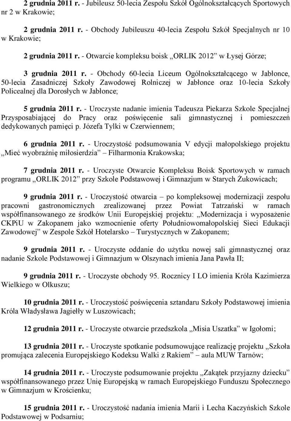 - Obchody 60-lecia Liceum Ogólnokształcącego w Jabłonce, 50-lecia Zasadniczej Szkoły Zawodowej Rolniczej w Jabłonce oraz 10-lecia Szkoły Policealnej dla Dorosłych w Jabłonce; 5 grudnia 2011 r.