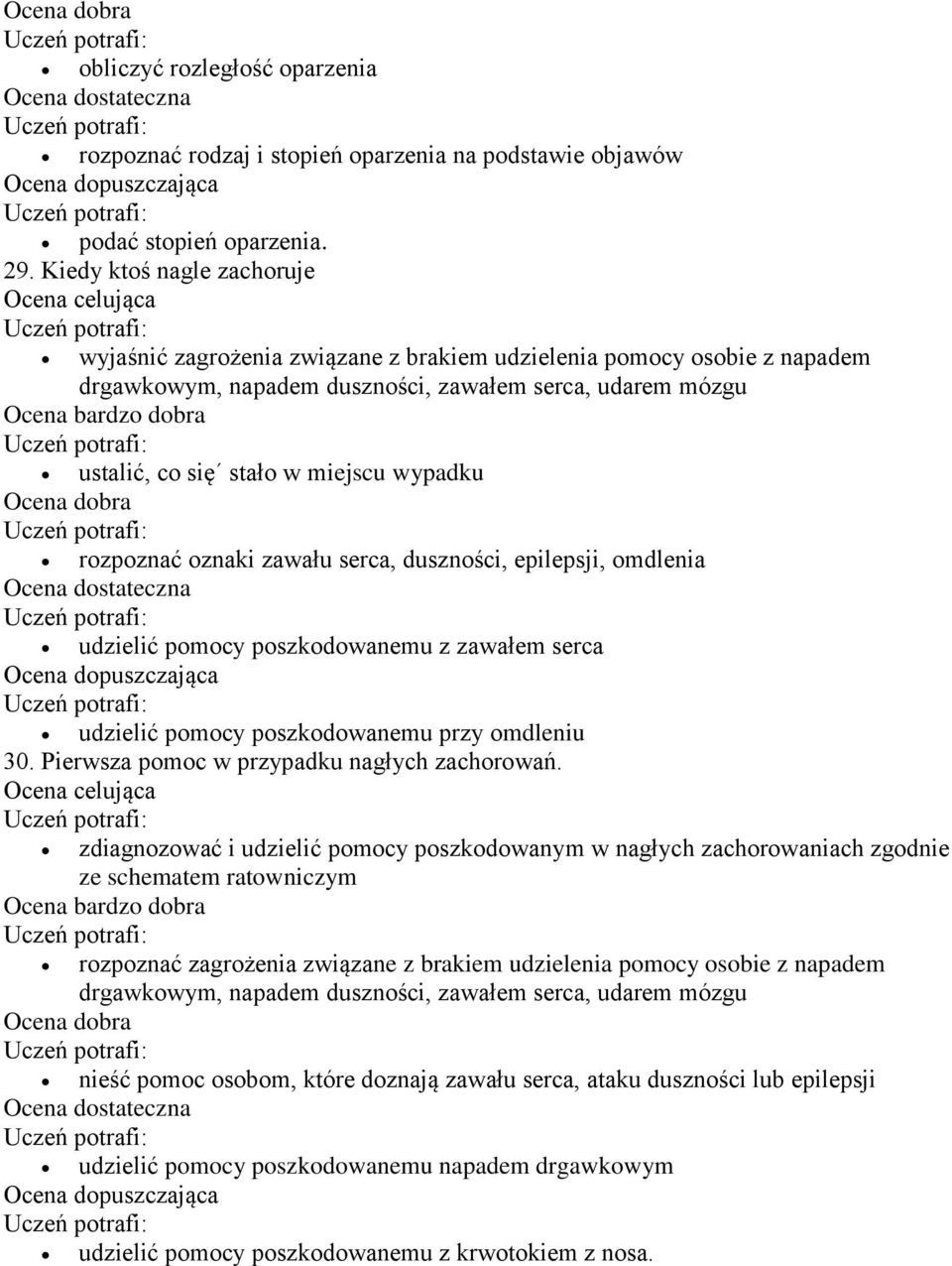 rozpoznać oznaki zawału serca, duszności, epilepsji, omdlenia udzielić pomocy poszkodowanemu z zawałem serca udzielić pomocy poszkodowanemu przy omdleniu 30.