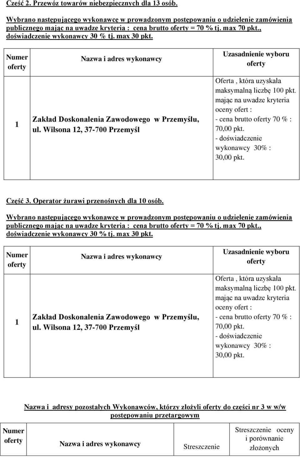 publicznego : cena brutto = 70 % tj. max 70 pkt., ul. Wilsona 2, 37-700 Przemyśl maksymalną liczbę 00 pkt.