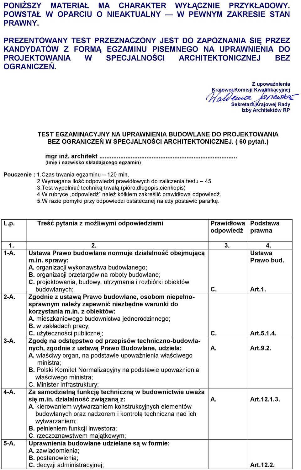 Z upoważnienia Krajowej Komisji Kwalifikacyjnej Sekretarz Krajowej Rady Izby Architektów RP TEST EGZAMINACYJNY NA UPRAWNIENIA BUDOWLANE DO PROJEKTOWANIA BEZ OGRANICZEŃ W SPECJALNOŚCI