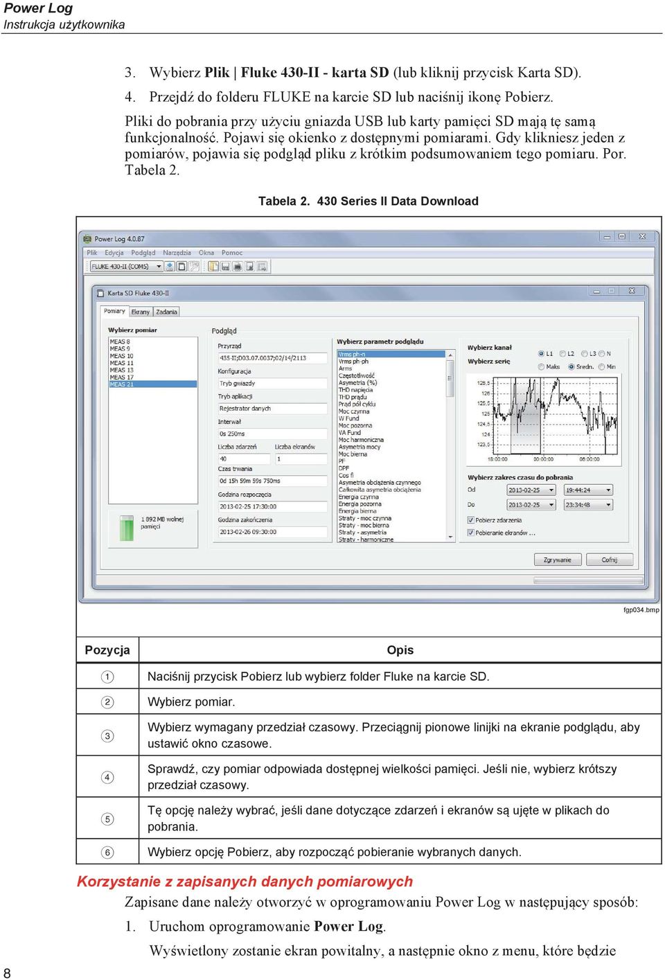 Gdy klikniesz jeden z pomiarów, pojawia si podgl d pliku z krótkim podsumowaniem tego pomiaru. Por. Tabela 2. Tabela 2. 430 Series II Data Download fgp034.