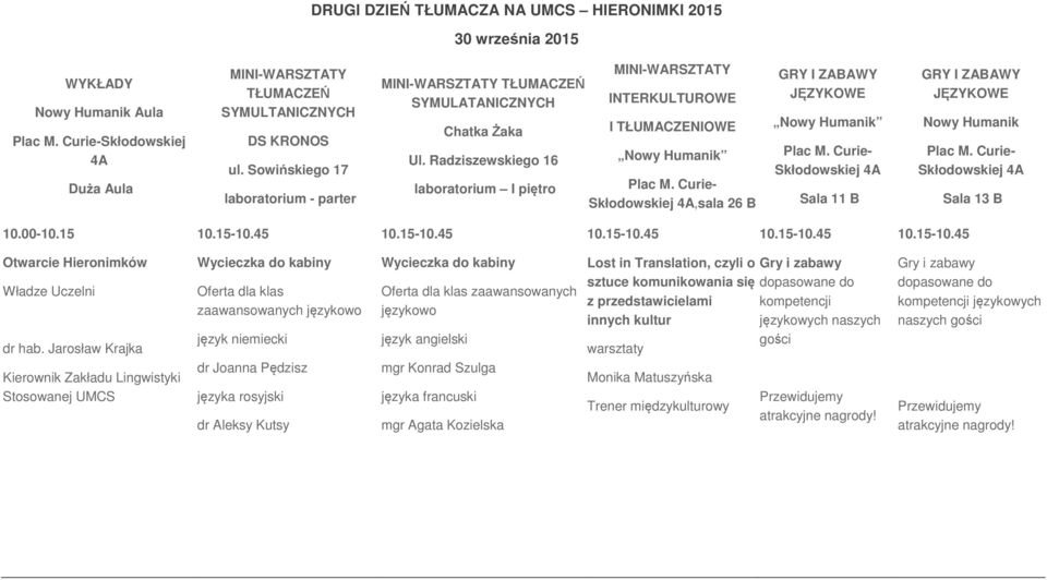 Radziszewskiego 16 laboratorium I piętro MINI-WARSZTATY INTERKULTUROWE I TŁUMACZENIOWE Nowy Humanik Skłodowskiej 4A,sala 26 B GRY I ZABAWY JĘZYKOWE Nowy Humanik Skłodowskiej 4A Sala 11 B GRY I ZABAWY