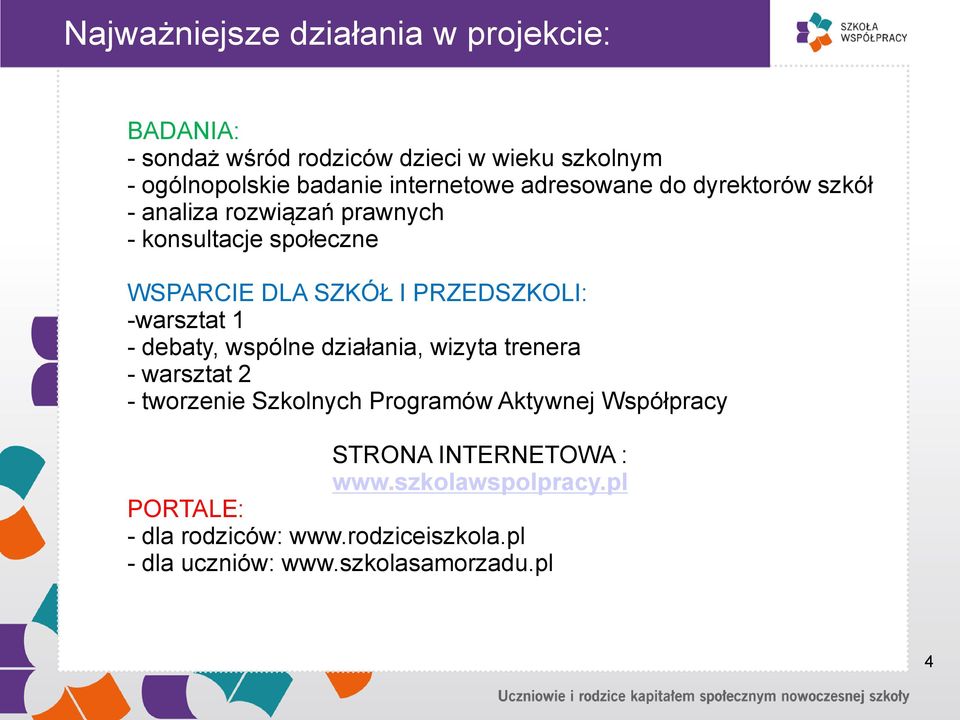 PRZEDSZKOLI: -warsztat 1 - debaty, wspólne działania, wizyta trenera - warsztat 2 - tworzenie Szkolnych Programów Aktywnej