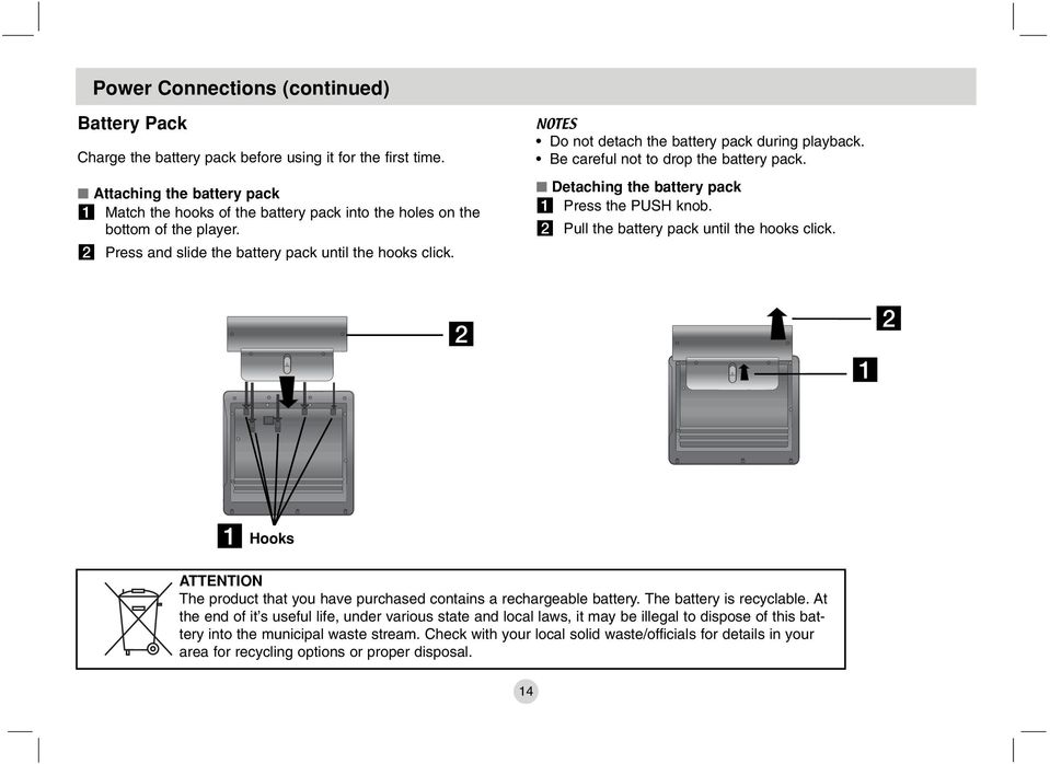 NOTES Do not detach the battery pack during playback. Be careful not to drop the battery pack. A Detaching the battery pack a Press the PUSH knob. b Pull the battery pack until the hooks click.