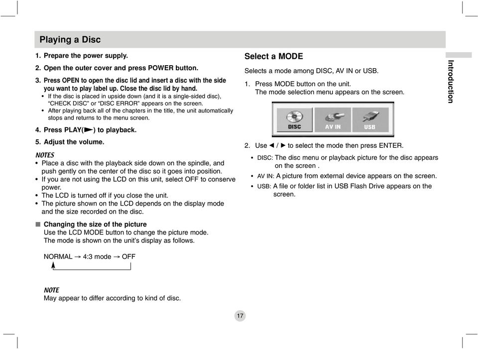 After playing back all of the chapters in the title, the unit automatically stops and returns to the menu screen. Select a MODE Selects a mode among DISC, AV IN or USB. 1.