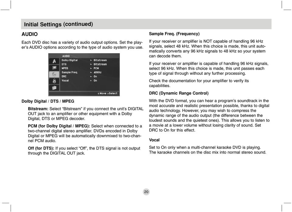 PCM (for Dolby Digital / MPEG): Select when connected to a two-channel digital stereo amplifier. DVDs encoded in Dolby Digital or MPEG will be automatically downmixed to two-channel PCM audio.