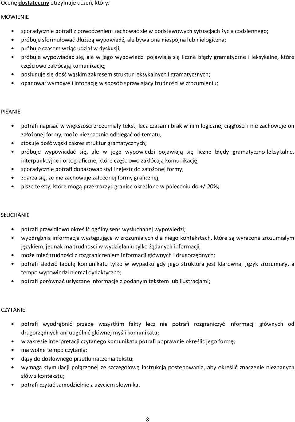 komunikację; posługuje się dość wąskim zakresem struktur leksykalnych i gramatycznych; opanował wymowę i intonację w sposób sprawiający trudności w zrozumieniu; potrafi napisać w większości