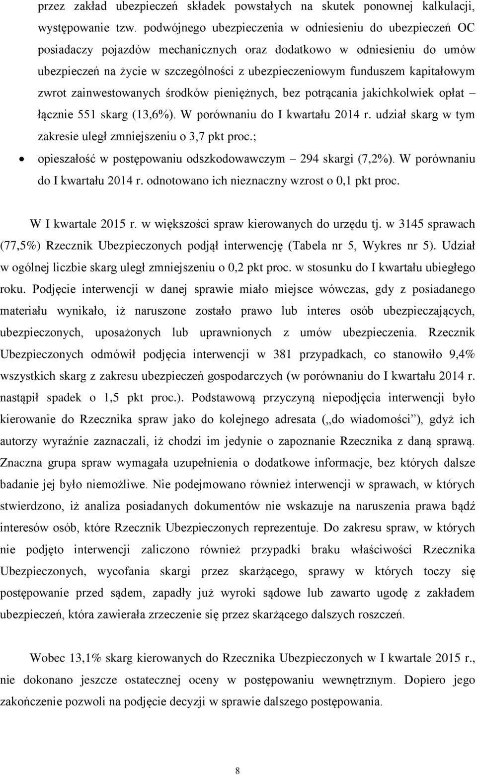 kapitałowym zwrot zainwestowanych środków pieniężnych, bez potrącania jakichkolwiek opłat łącznie 551 skarg (13,6%). W porównaniu do I kwartału 2014 r.