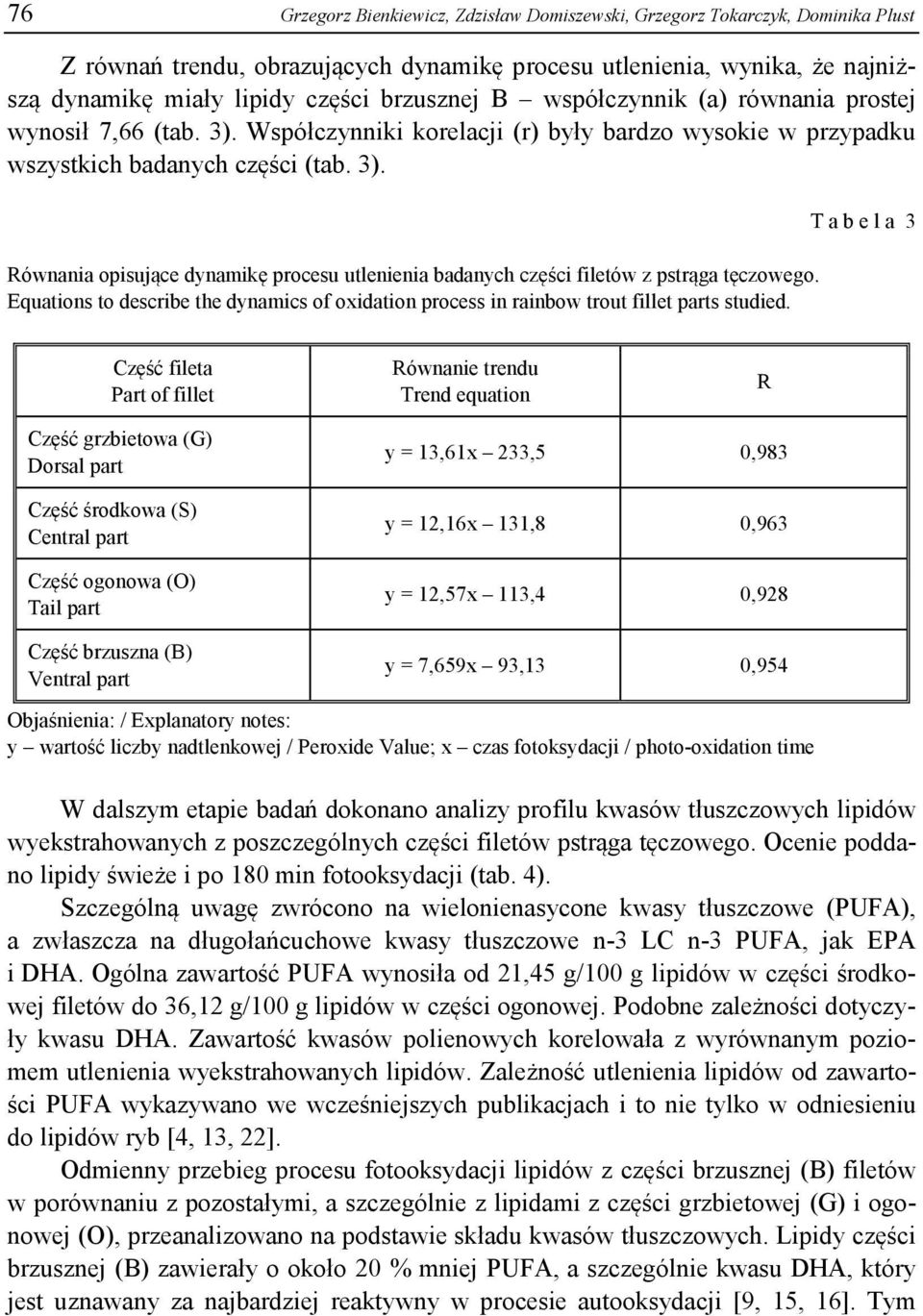 Equations to describe the dynamics of oxidation process in rainbow trout fillet parts studied.