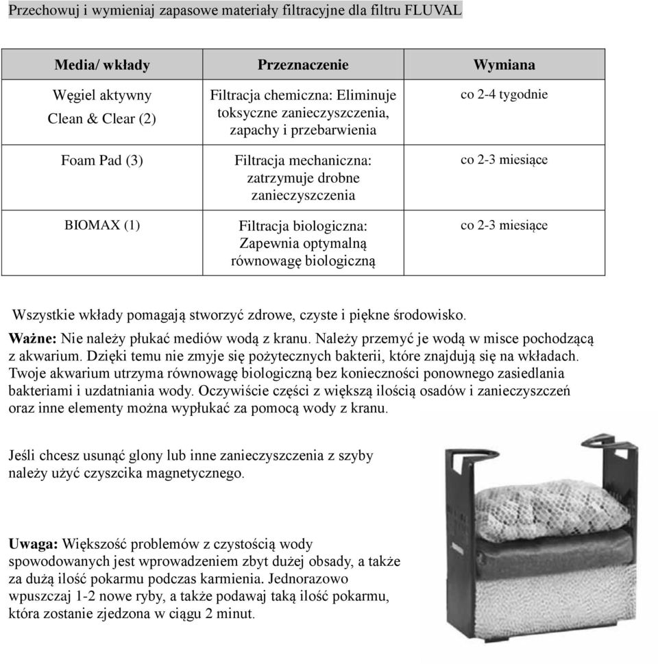 miesiące co 2-3 miesiące Wszystkie wkłady pomagają stworzyć zdrowe, czyste i piękne środowisko. Ważne: Nie należy płukać mediów wodą z kranu. Należy przemyć je wodą w misce pochodzącą z akwarium.