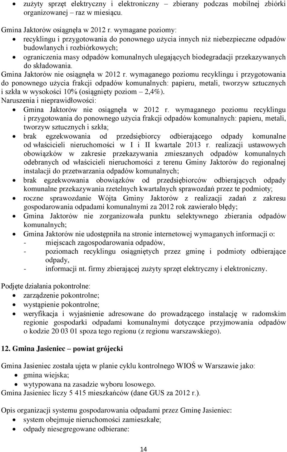 przekazywanych do składowania. Gmina Jaktorów nie osiągnęła w 2012 r.