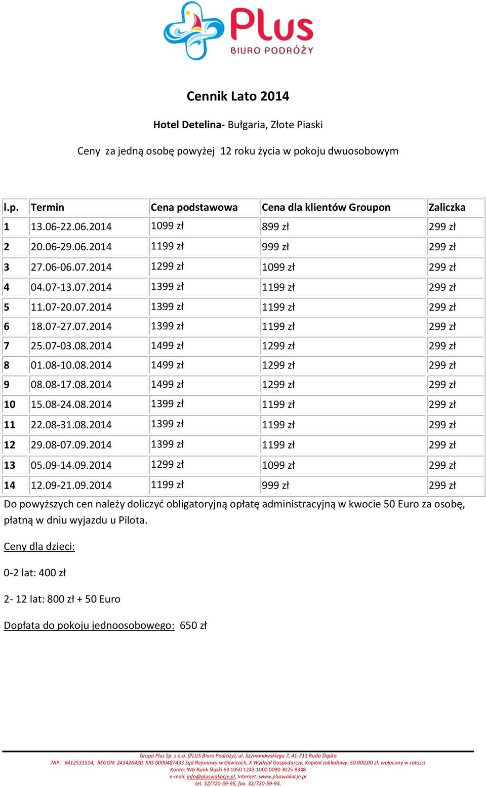 08-24.08.2014 1399 zł 1199 zł 299 zł 11 22.08-31.08.2014 1399 zł 1199 zł 299 zł 12 29.08-07.09.