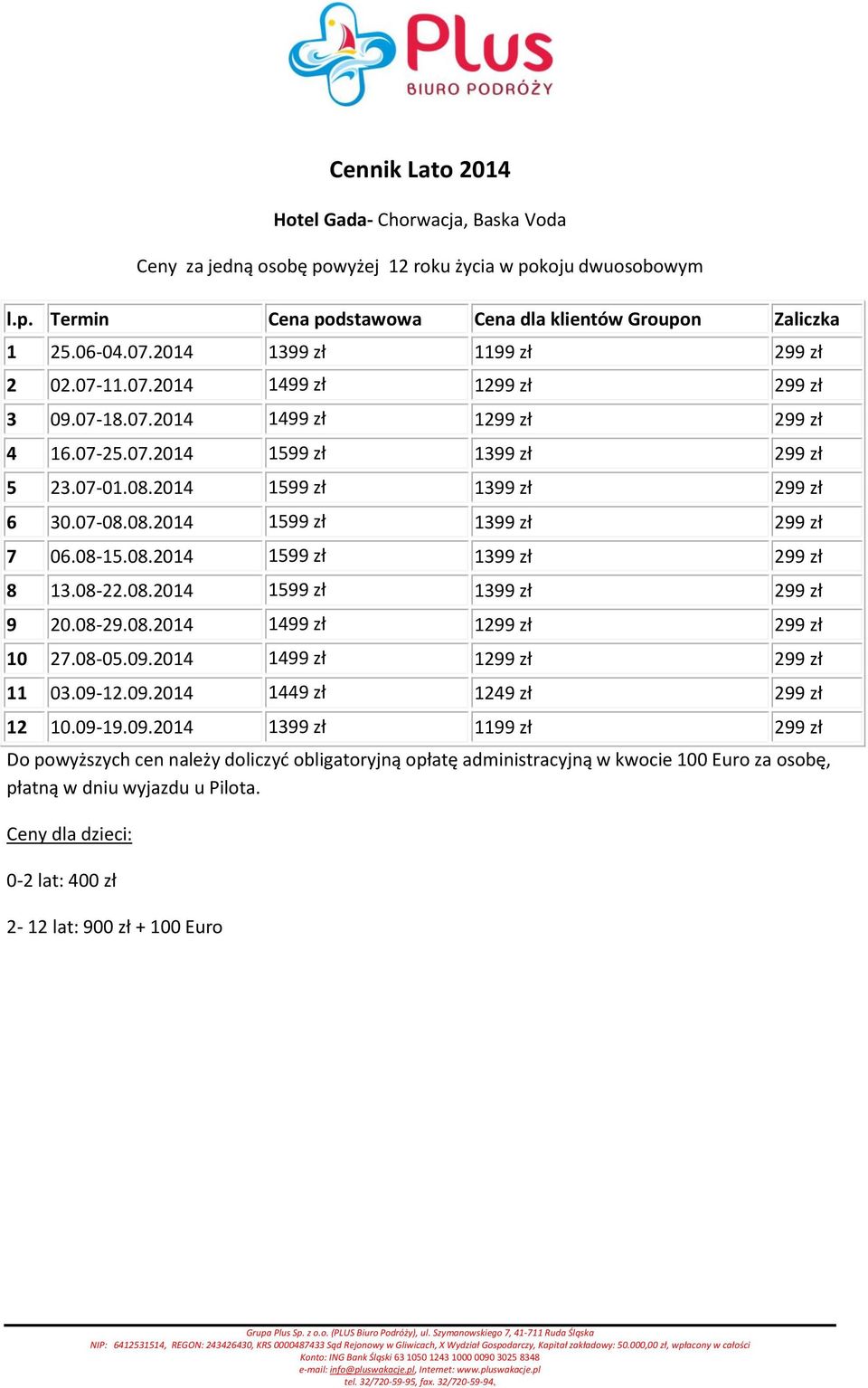 08-22.08.2014 1599 zł 1399 zł 299 zł 9 20.08-29.08.2014 1499 zł 1299 zł 299 zł 10 27.08-05.09.2014 1499 zł 1299 zł 299 zł 11 03.09-12.09.2014 1449 zł 1249 zł 299 zł 12 10.