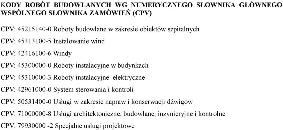 CPV: 45310000-3 Roboty instalacyjne elektryczne CPV: 42961000-0 System sterowania i kontroli CPV: 50531400-0 Usługi w zakresie napraw