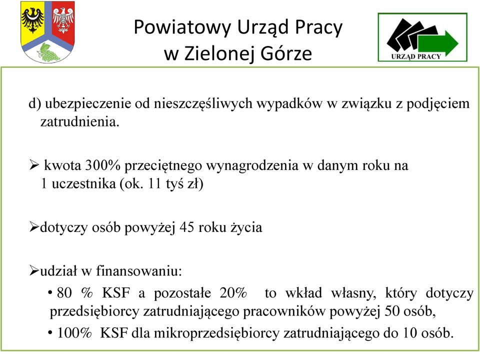 11 tyś zł) dotyczy osób powyżej 45 roku życia udział w finansowaniu: 80 % KSF a pozostałe 20% to