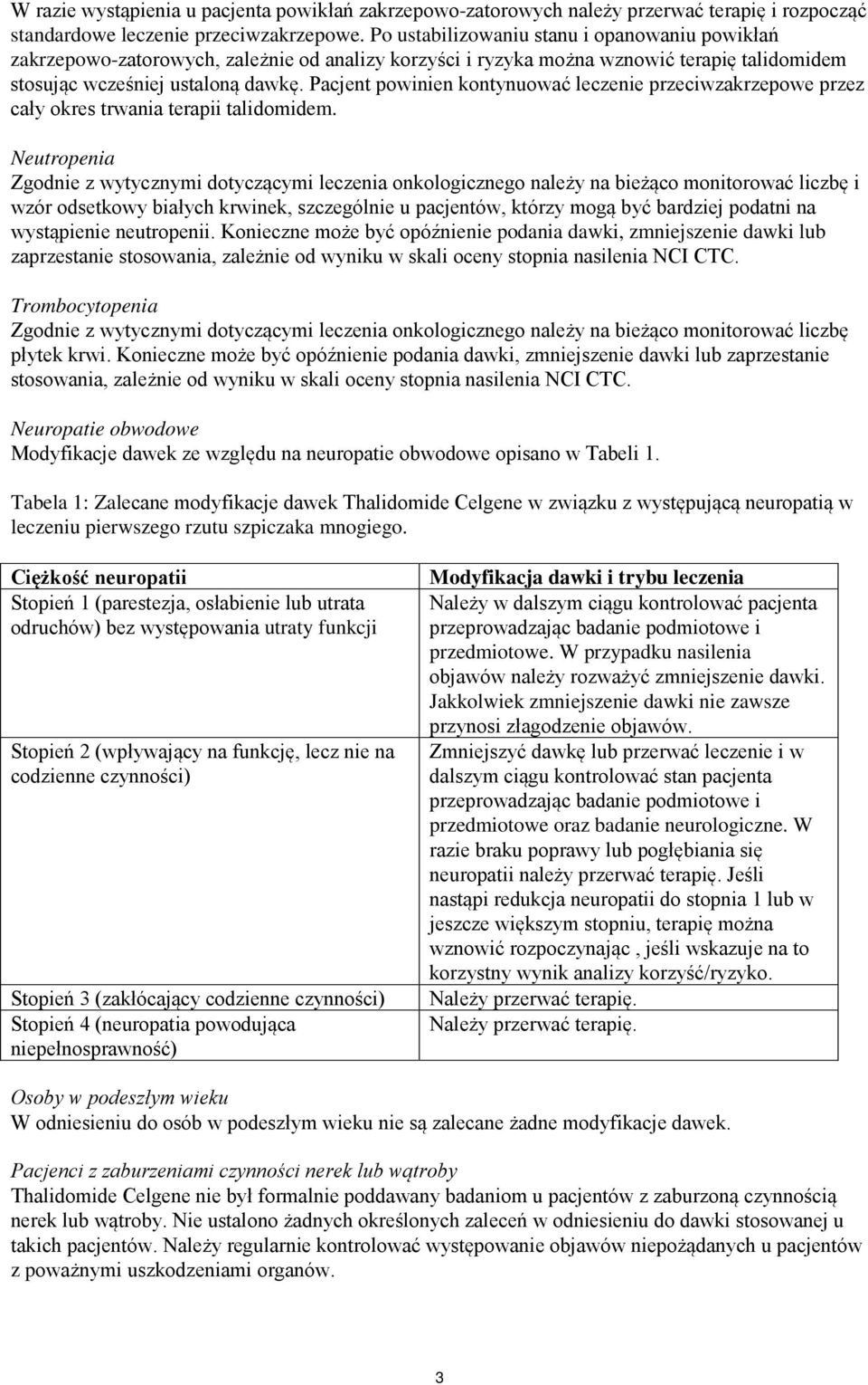 Pacjent powinien kontynuować leczenie przeciwzakrzepowe przez cały okres trwania terapii talidomidem.