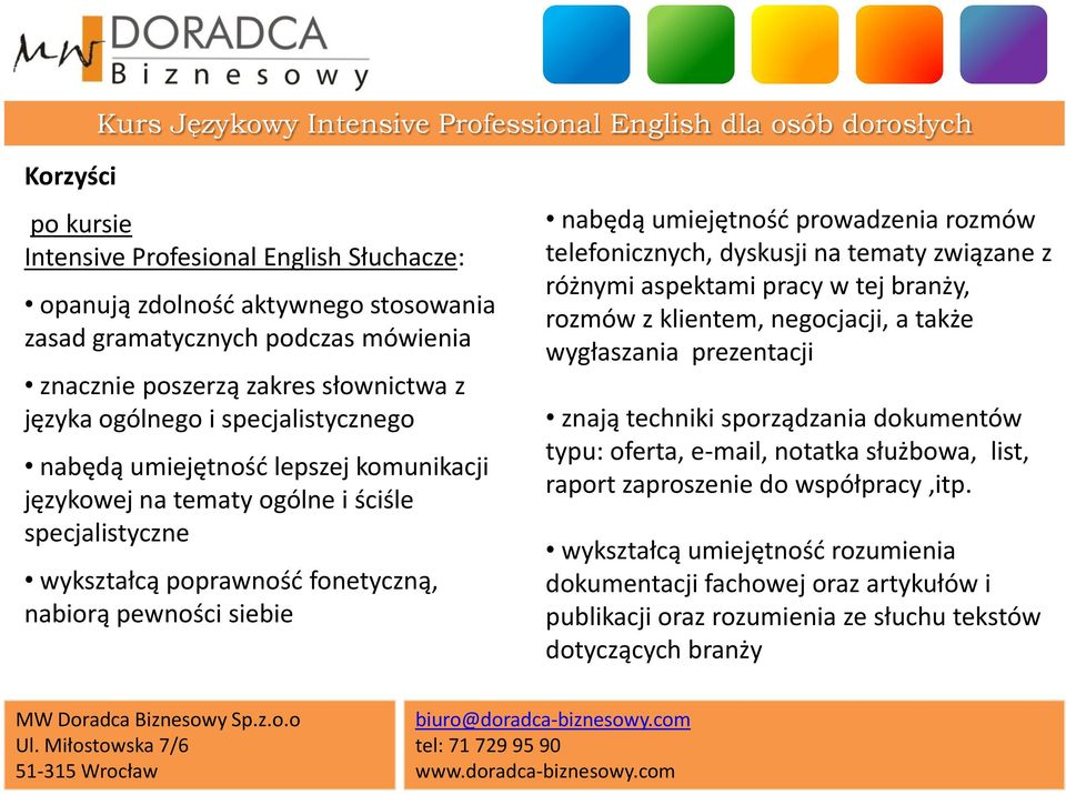 rozmów telefonicznych, dyskusji na tematy związane z różnymi aspektami pracy w tej branży, rozmów z klientem, negocjacji, a także wygłaszania prezentacji znają techniki sporządzania dokumentów typu: