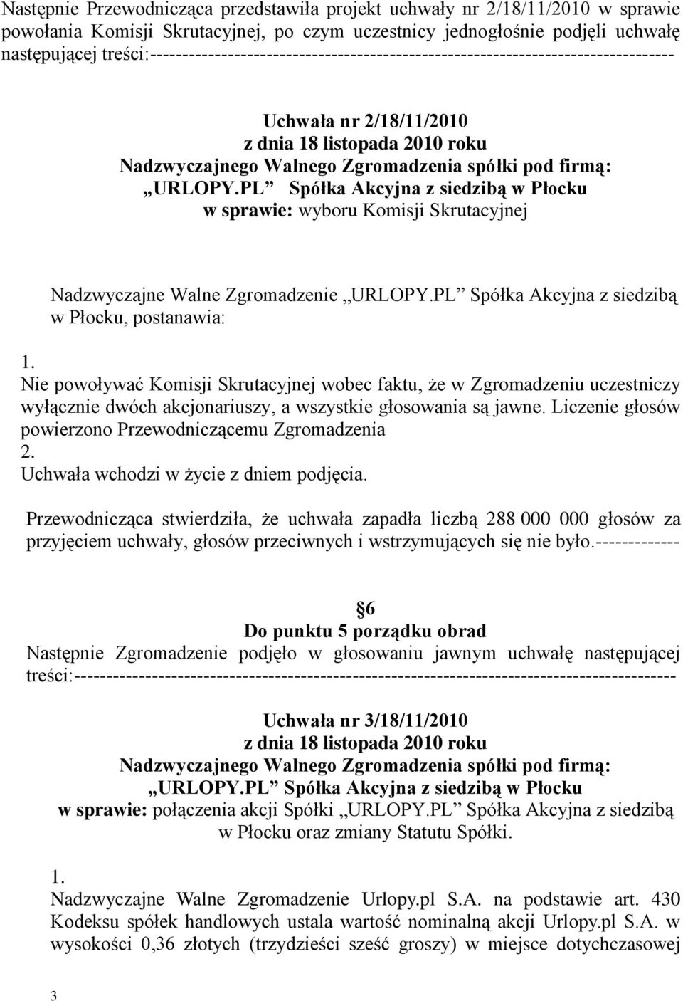 URLOPY.PL Spółka Akcyjna z siedzibą w Płocku w sprawie: wyboru Komisji Skrutacyjnej Nadzwyczajne Walne Zgromadzenie URLOPY.PL Spółka Akcyjna z siedzibą w Płocku, postanawia: 1.