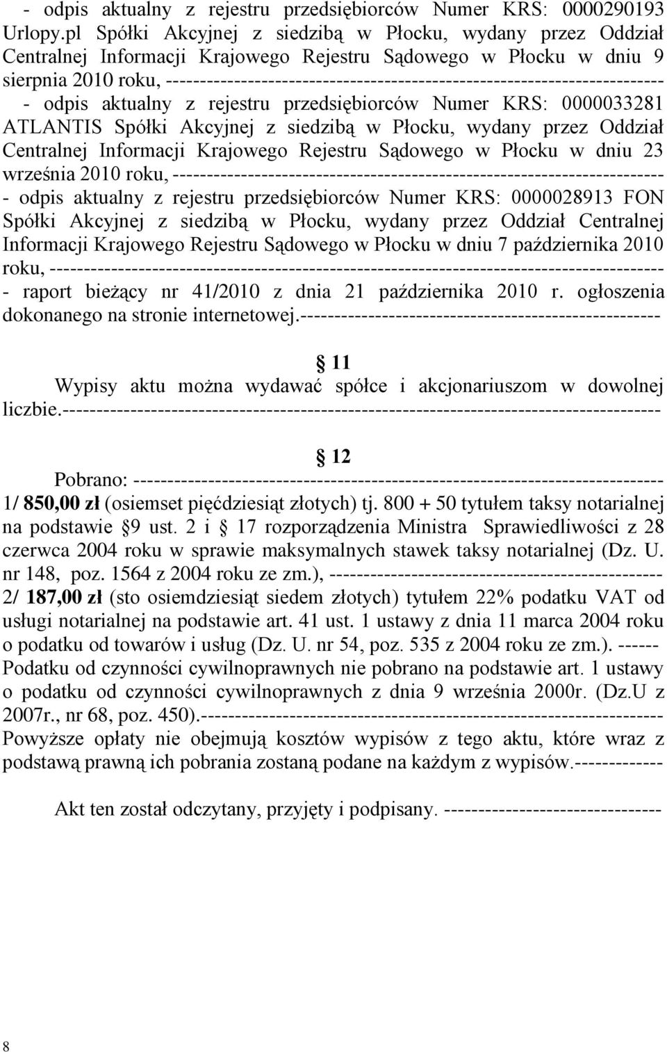 ------------------------------------------------------------------------- - odpis aktualny z rejestru przedsiębiorców Numer KRS: 0000033281 ATLANTIS Spółki Akcyjnej z siedzibą w Płocku, wydany przez