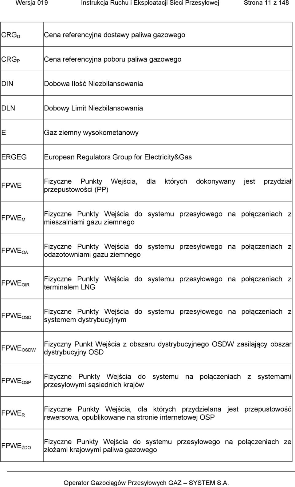 przepustowości (PP) FPWE M Fizyczne Punkty Wejścia do systemu przesyłowego na połączeniach z mieszalniami gazu ziemnego FPWE OA Fizyczne Punkty Wejścia do systemu przesyłowego na połączeniach z