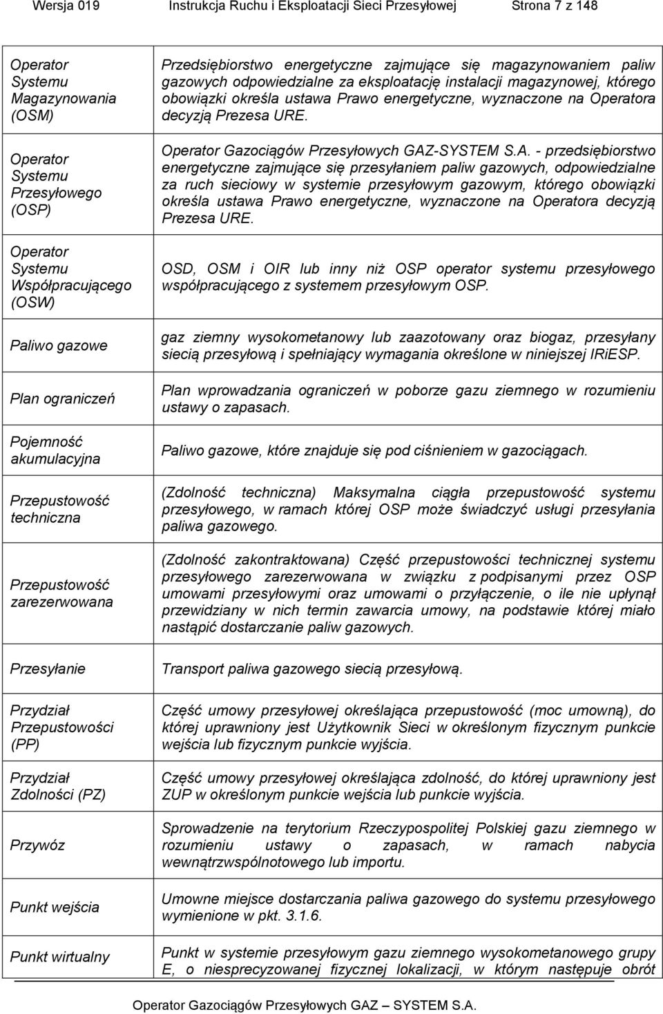 eksploatację instalacji magazynowej, którego obowiązki określa ustawa Prawo energetyczne, wyznaczone na Operatora decyzją Prezesa URE. Operator Gazociągów Przesyłowych GAZ