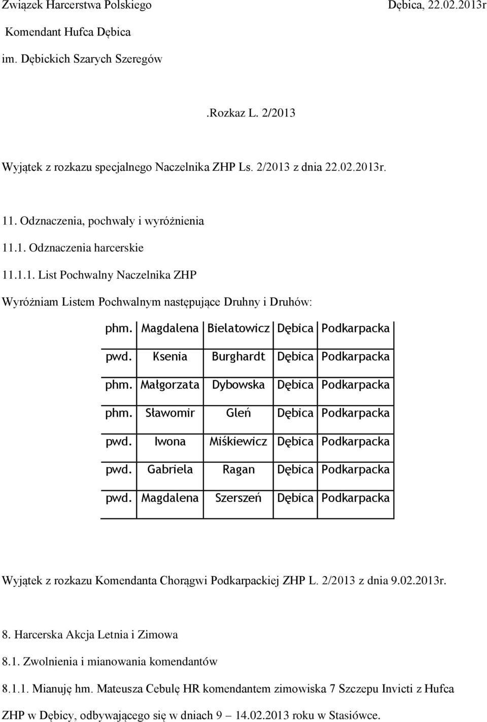 Iwona Miśkiewicz Dębica Podkarpacka pwd. Gabriela Ragan Dębica Podkarpacka pwd. Magdalena Szerszeń Dębica Podkarpacka Wyjątek z rozkazu Komendanta Chorągwi Podkarpackiej ZHP L. 2/2013 z dnia 9.02.