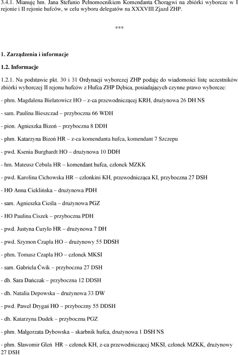 30 i 31 Ordynacji wyborczej ZHP podaję do wiadomości listę uczestników zbiórki wyborczej II rejonu hufców z Hufca ZHP Dębica, posiadających czynne prawo wyborcze: - phm.