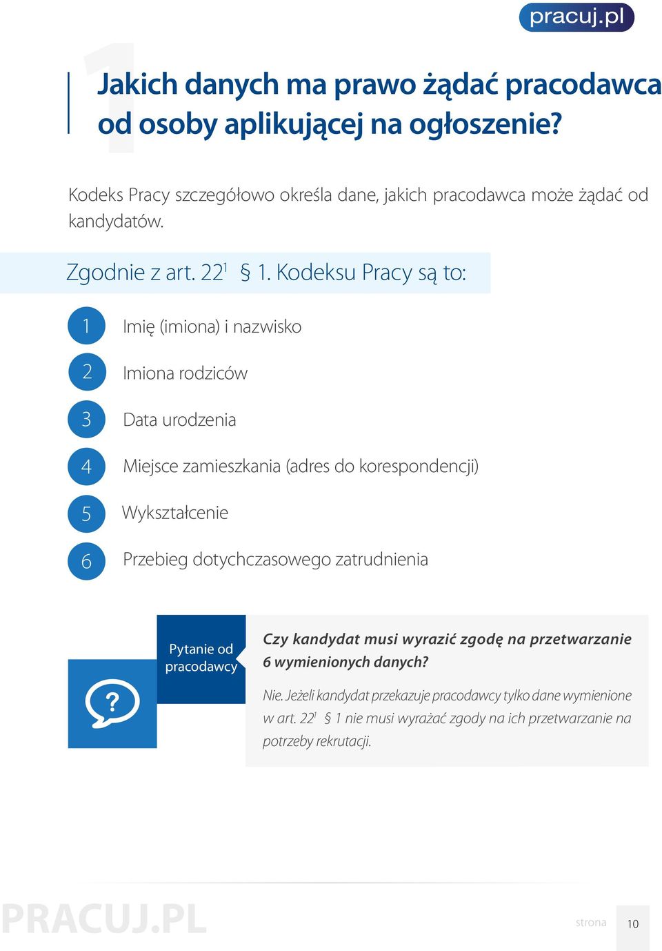 Kodeksu Pracy są to: 1 2 3 4 5 6 Imię (imiona) i nazwisko Imiona rodziców Data urodzenia Miejsce zamieszkania (adres do korespondencji) Wykształcenie