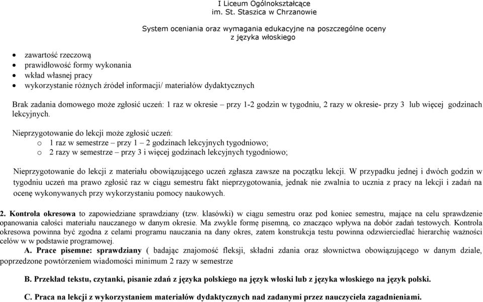 Nieprzygotowanie do lekcji może zgłosić uczeń: o 1 raz w semestrze przy 1 2 godzinach lekcyjnych tygodniowo; o 2 razy w semestrze przy 3 i więcej godzinach lekcyjnych tygodniowo; Nieprzygotowanie do