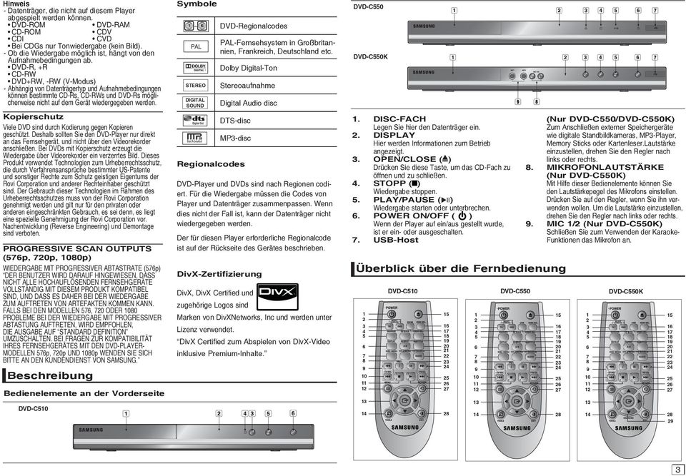 DVD-R, +R CD-RW DVD+RW, -RW (V-Modus) - Abhängig von Datenträgertyp und Aufnahmebedingungen können bestimmte CD-Rs, CD-RWs und DVD-Rs möglicherweise nicht auf dem Gerät wiedergegeben werden.