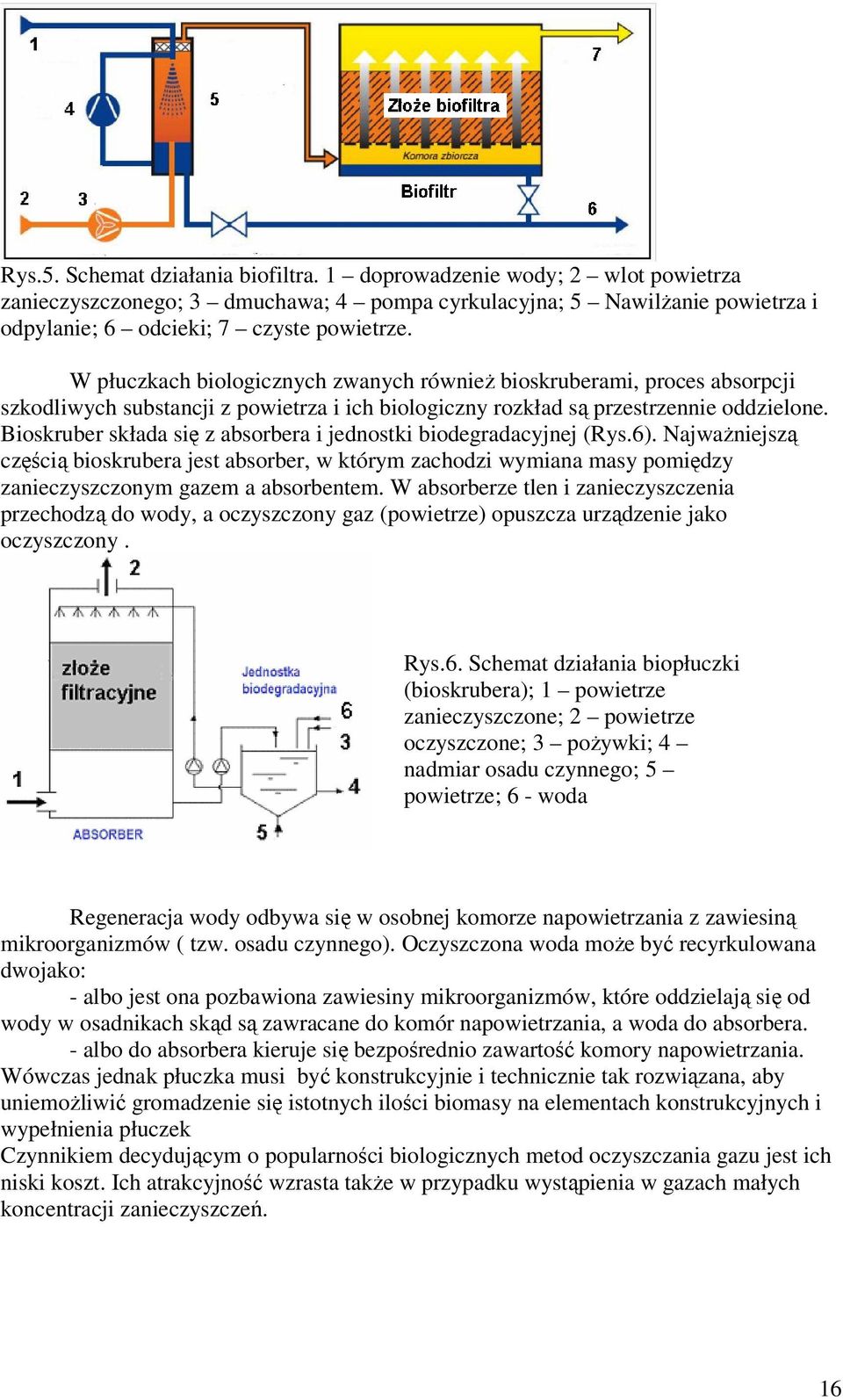 Bioskruber składa się z absorbera i jednostki biodegradacyjnej (Rys.6). Najważniejszą częścią bioskrubera jest absorber, w którym zachodzi wymiana masy pomiędzy zanieczyszczonym gazem a absorbentem.