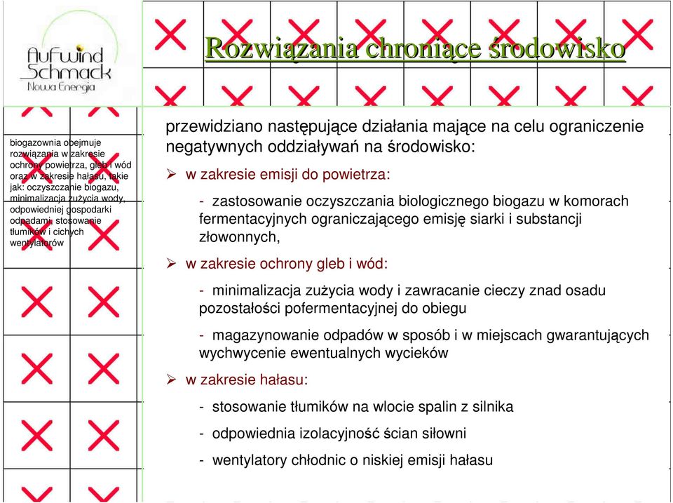 emisji do powietrza: - zastosowanie oczyszczania biologicznego biogazu w komorach fermentacyjnych ograniczającego emisję siarki i substancji złowonnych, w zakresie ochrony gleb i wód: - minimalizacja