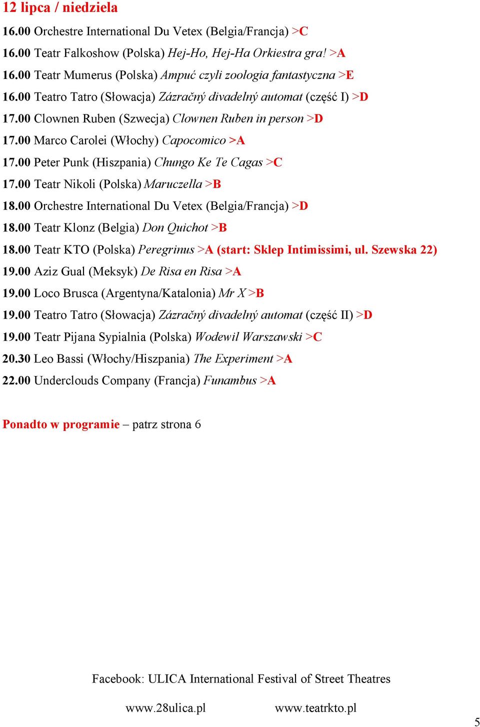 00 Marco Carolei (Włochy) Capocomico >A 17.00 Peter Punk (Hiszpania) Chungo Ke Te Cagas >C 17.00 Teatr Nikoli (Polska) Maruczella >B 18.00 Orchestre International Du Vetex (Belgia/Francja) >D 18.